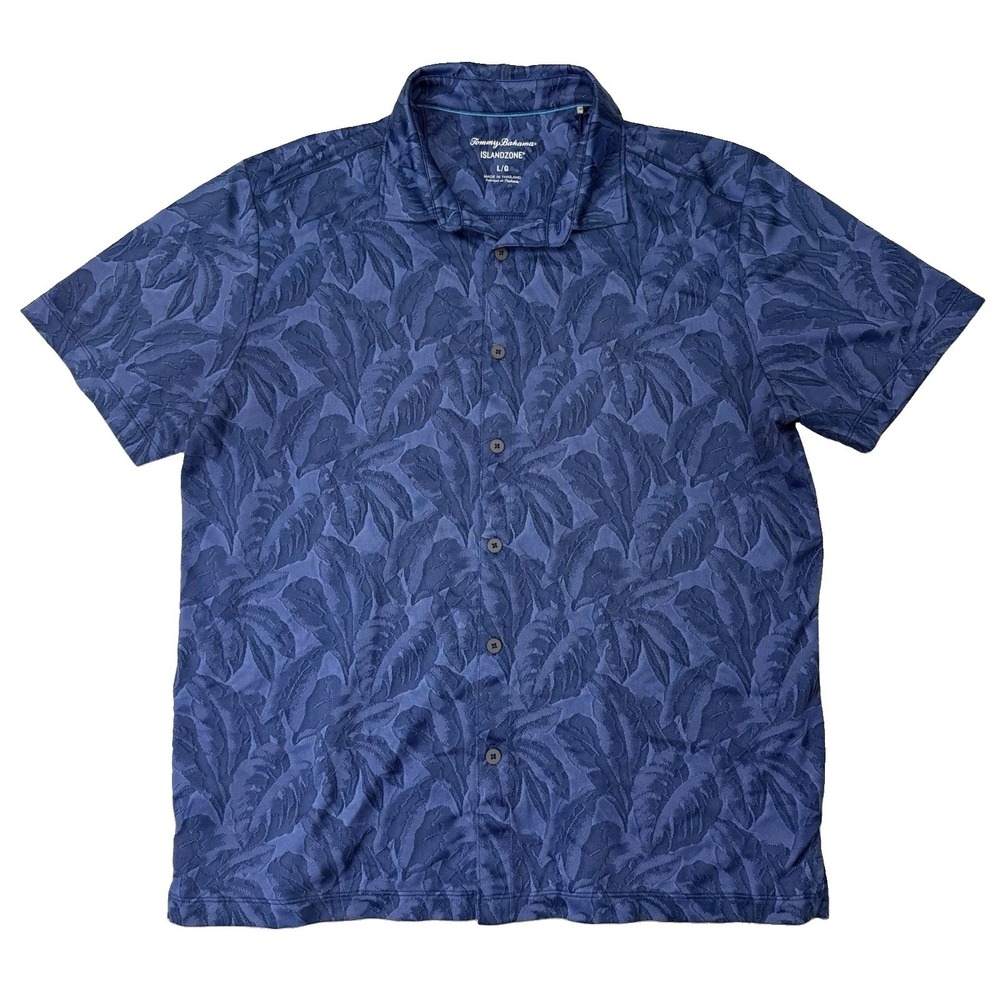 Tommy Bahama Mens Button Down Shirt IslandZone Blue Geometric Palm Polyester Lg
